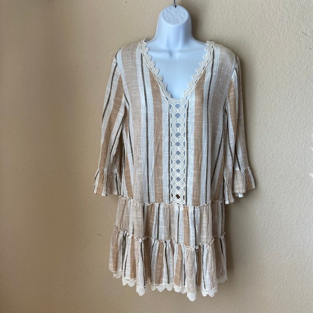 BLUE ISLAND Women's Size: L Tiered Beach Coverup Tunic Lace Bell Sleeves (New)